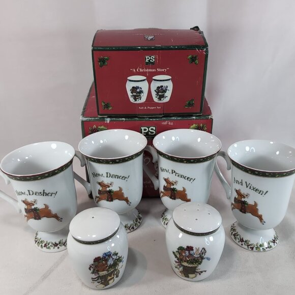 Portmeirion A Christmas Story 4 Pedestal Mugs Salt Pepper Shaker Set Winget - Picture 1 of 16